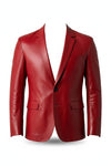 Scarlett Stitch men's red leather blazer with notch lapel, single-button closure, and tailored fit.