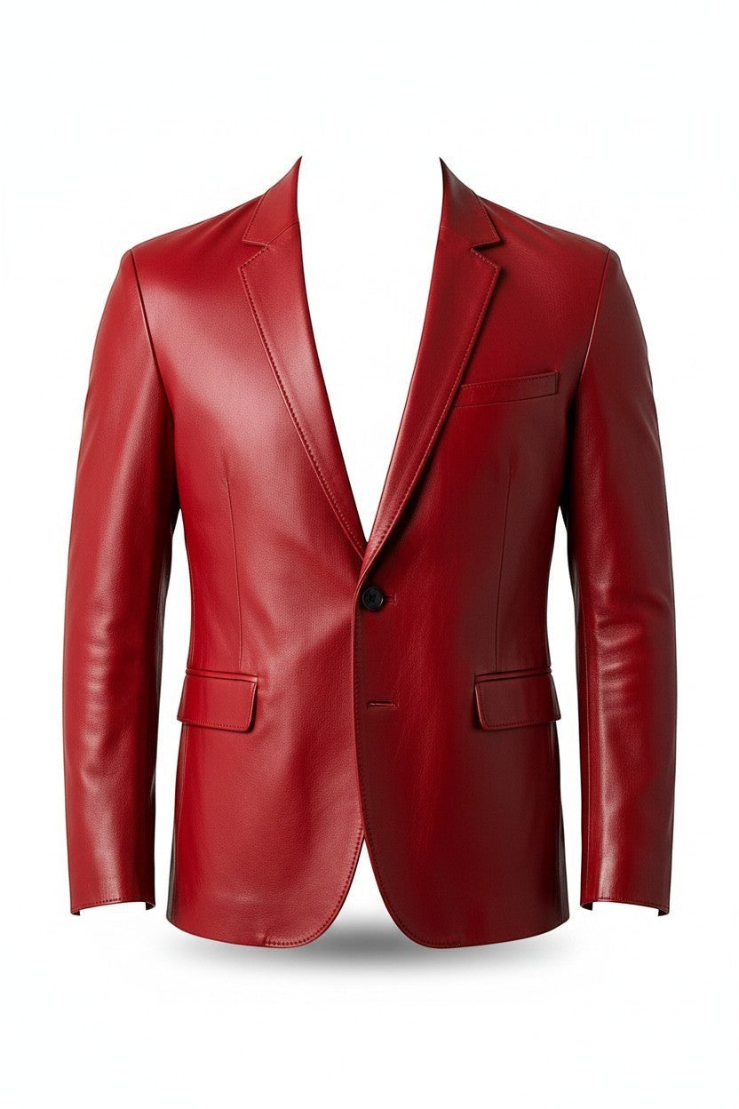Scarlett Stitch men's red leather blazer with notch lapel, single-button closure, and tailored fit.
