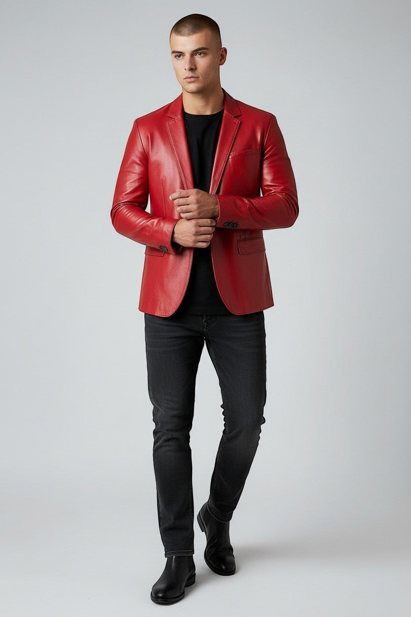 Scarlett Stitch men's tailored red leather blazer with notch lapels and single-button closure on a male model