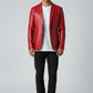 Scarlett Stitch men's red leather blazer with notch lapel and single-button closure worn over a white t-shirt.