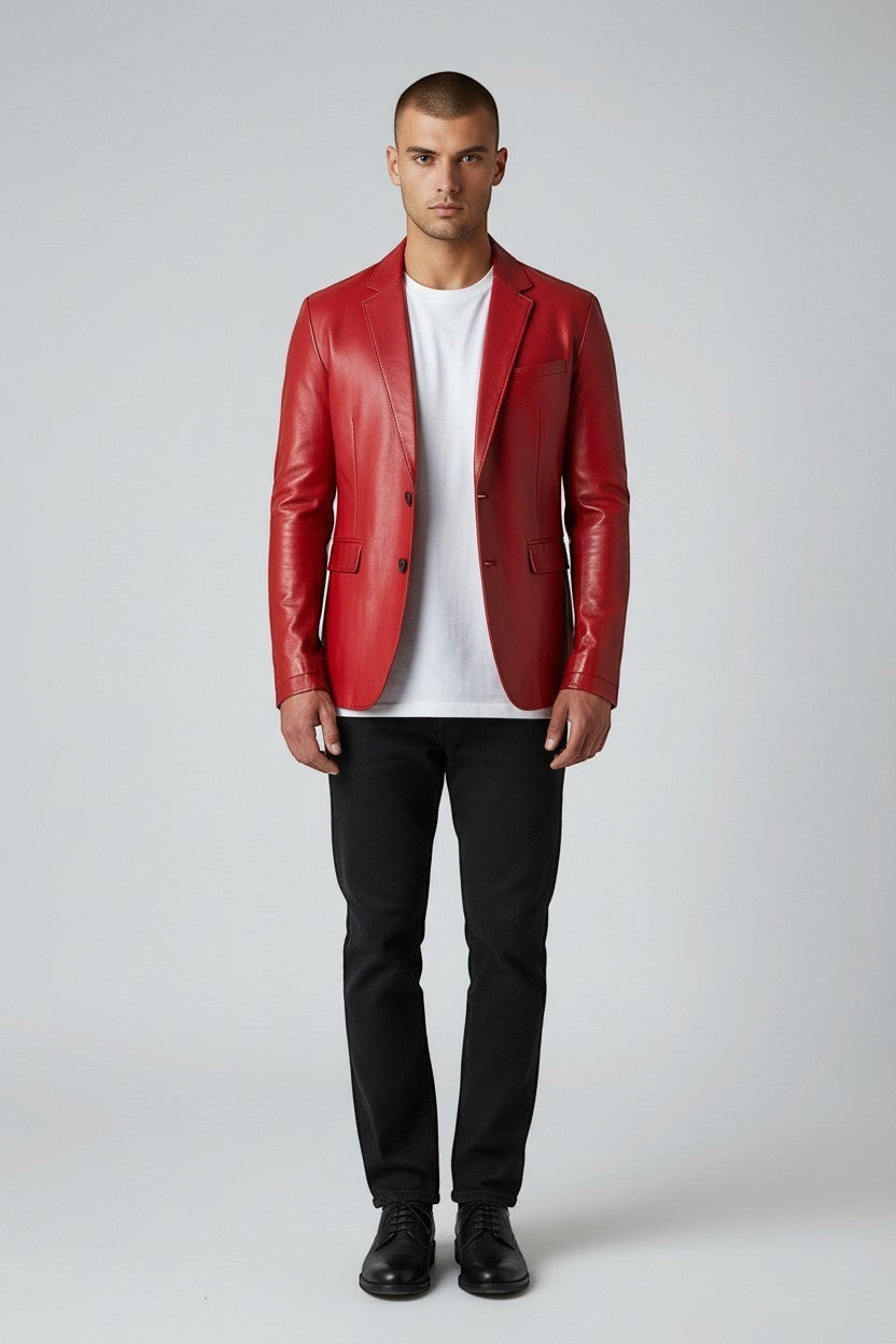 Scarlett Stitch men's red leather blazer with notch lapel and single-button closure worn over a white t-shirt.