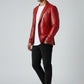 Scarlett Stitch men's red leather blazer with notch lapel, single-button closure, and tailored fit on a male model.