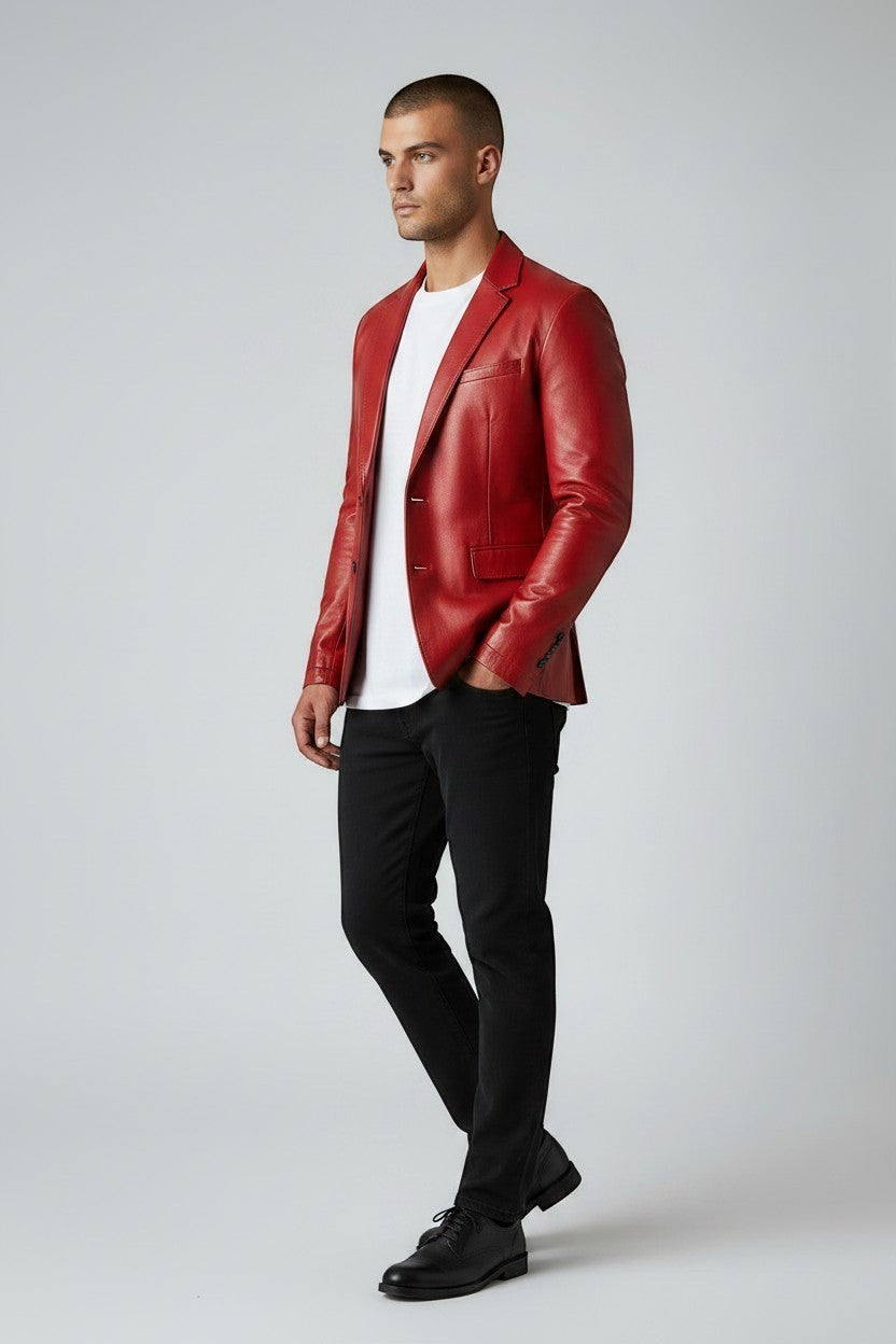 Scarlett Stitch men's red leather blazer with notch lapel, single-button closure, and tailored fit on a male model.