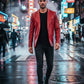 Man wearing a Scarlett Stitch red leather blazer with notch lapels, walking on a rainy city street at night.