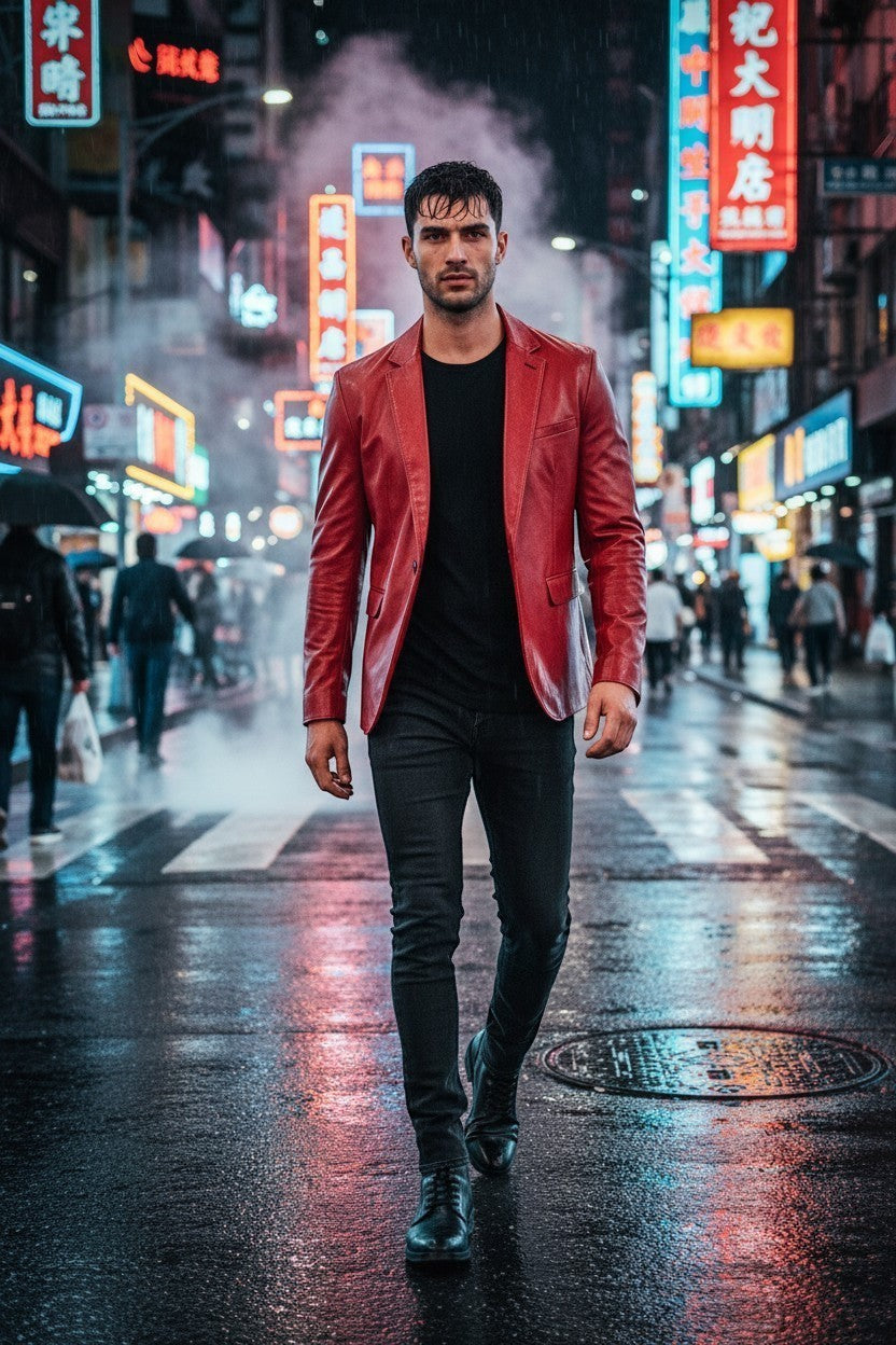 Man wearing a Scarlett Stitch red leather blazer with notch lapels, walking on a rainy city street at night.