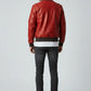Scarlett Stitch men's red leather bomber jacket with ribbed collar and cuffs, zippered pockets, and satin lining.