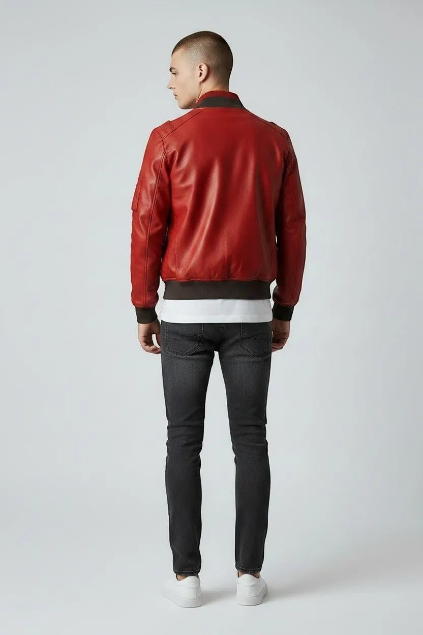 Scarlett Stitch men's red leather bomber jacket with ribbed collar and cuffs, zippered pockets, and satin lining.