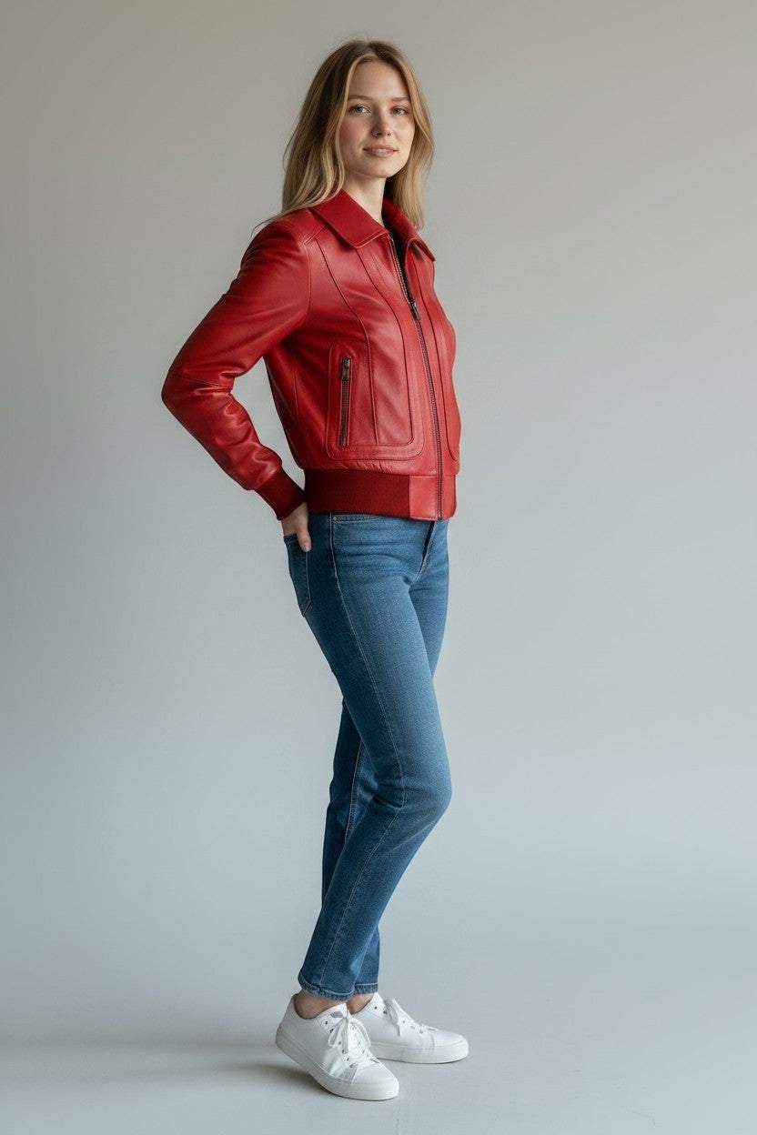 Scarlett Stitch women's red leather bomber jacket with zip front, folded collar, and ribbed cuffs and hem.