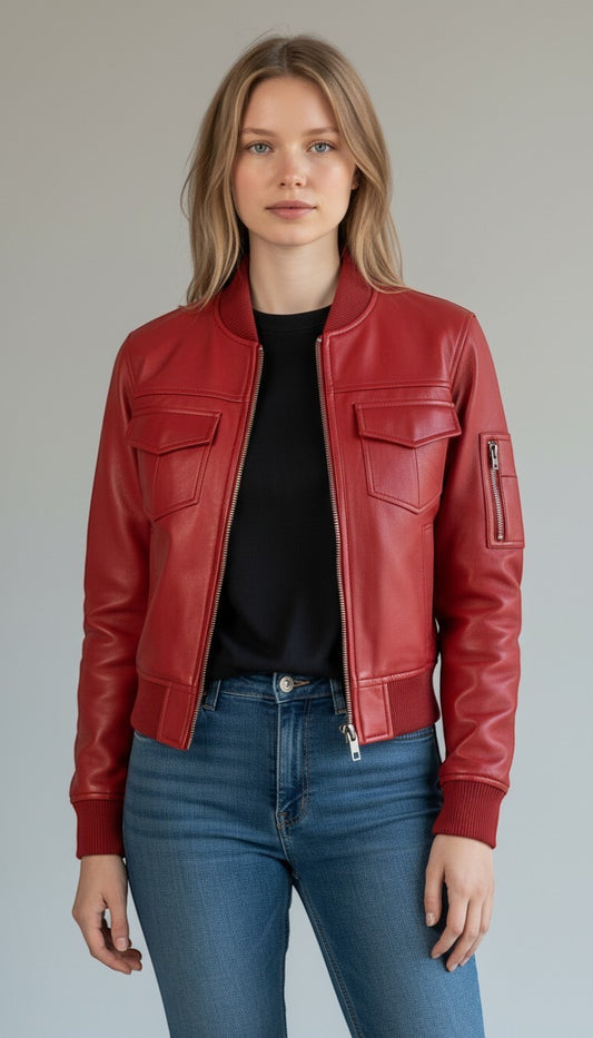 Scarlett Stitch red leather bomber jacket with zippered front, chest pockets, and sleeve pocket. Ribbed cuffs, collar, and hem.