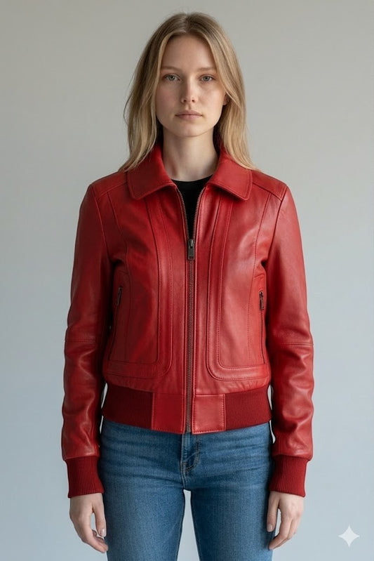 Scarlett Stitch women's red leather bomber jacket with zip-front, folded collar, and ribbed cuffs and hem.