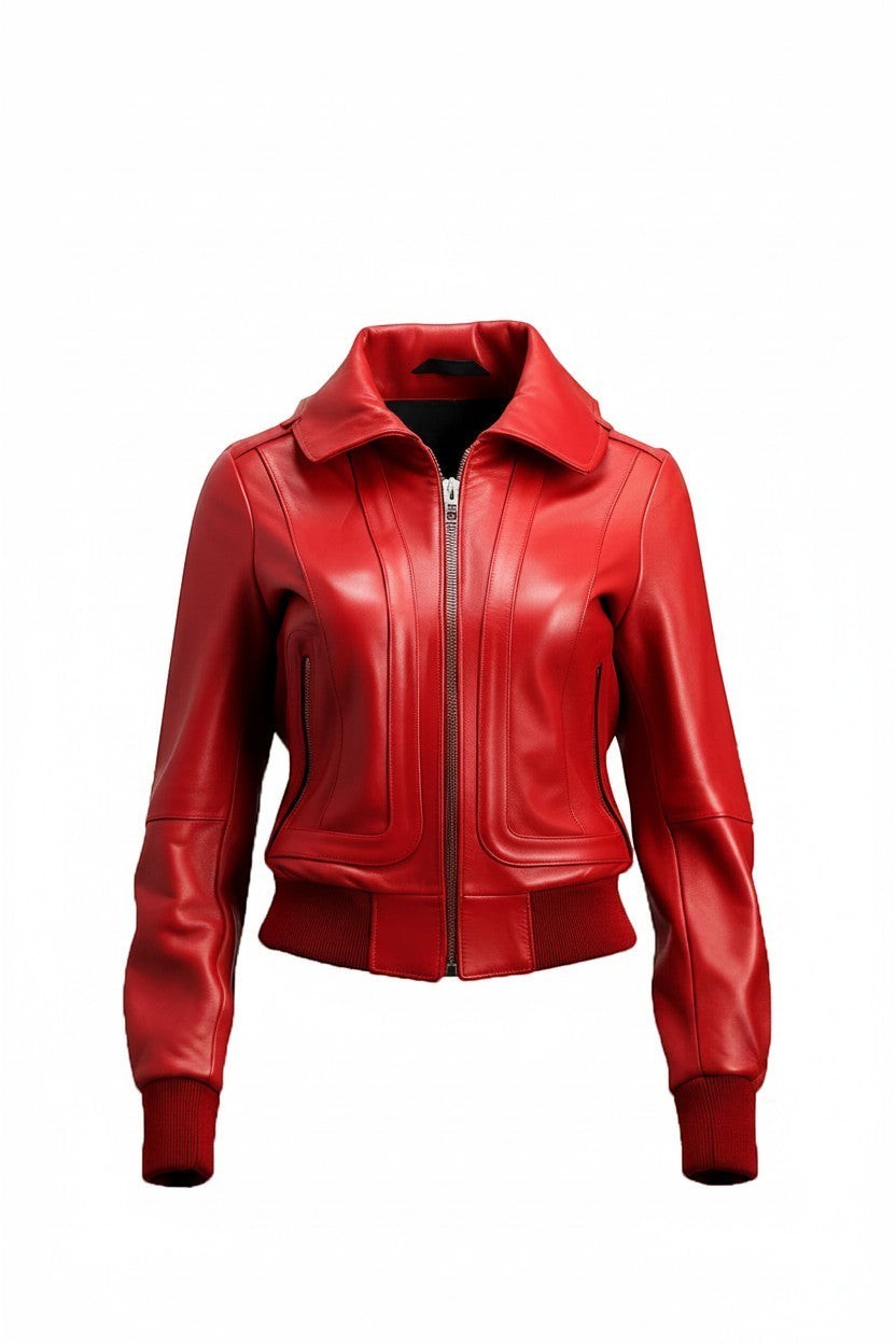 Scarlett Stitch red leather bomber jacket with folded collar, zip-front, and ribbed cuffs and hem.