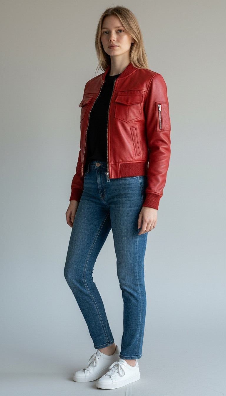 Scarlett Stitch red leather bomber jacket with zippered pockets and ribbed trim, worn by a woman in jeans.