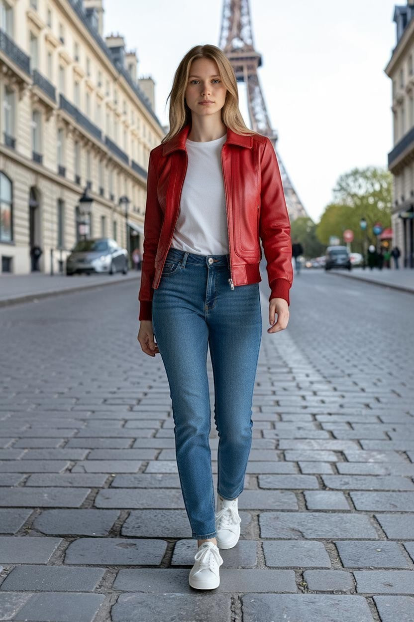 Scarlett Stitch women's red leather bomber jacket with folded collar, zip-front, and ribbed cuffs. Model wears with jeans.