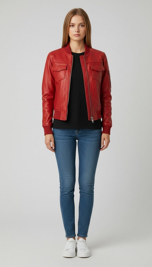 Scarlett Stitch red leather bomber jacket with zippered front, chest pockets, and sleeve pocket. Ribbed cuffs, collar, and hem.