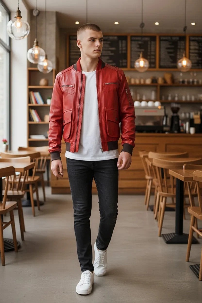 Scarlett Stitch men's red leather bomber jacket with ribbed collar and cuffs, zippered chest pockets, and button waist pockets.