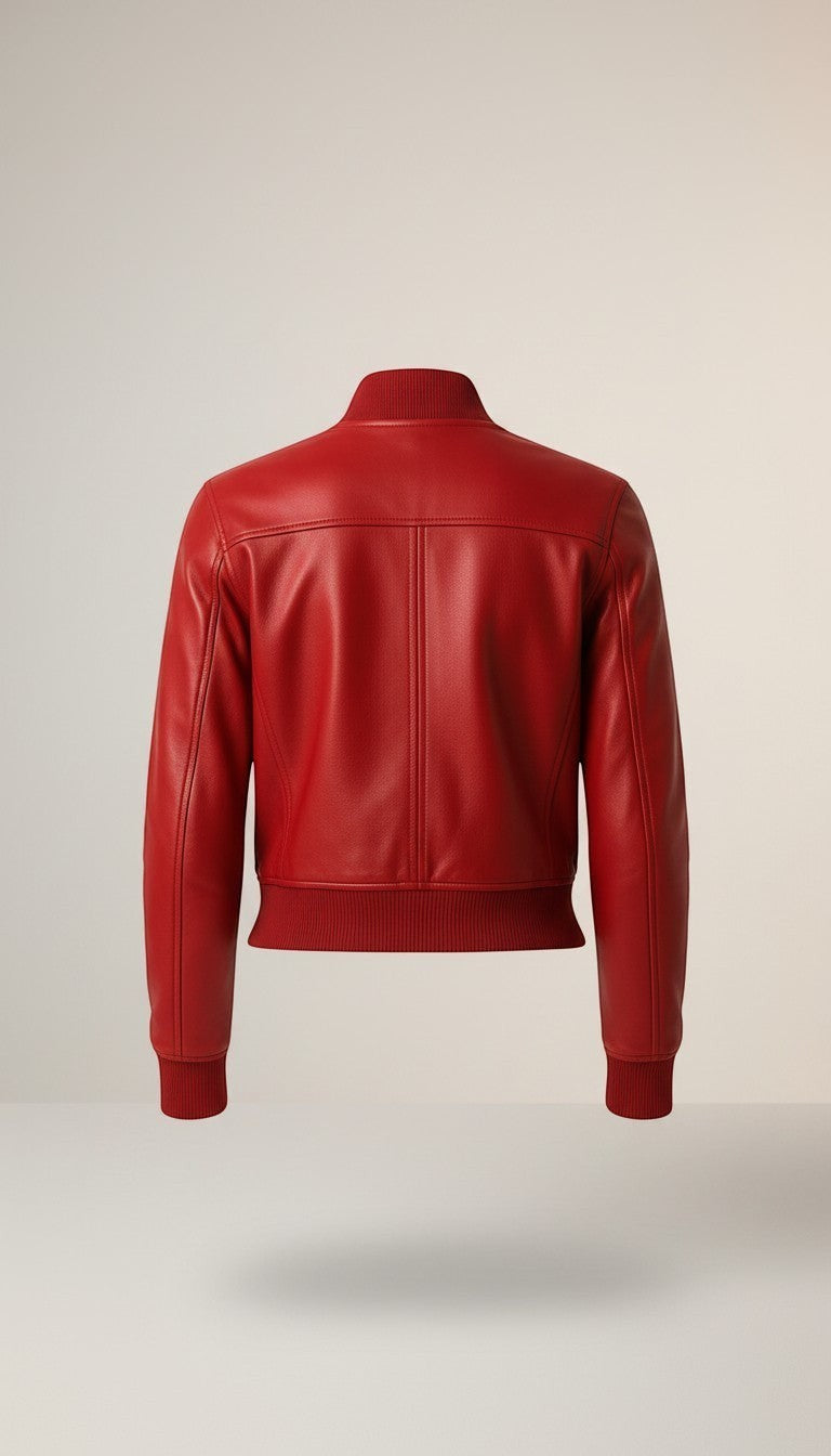 Scarlett Stitch red leather bomber jacket with ribbed collar, cuffs, and hem. Features zippered front and sleeve pockets.