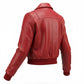 Scarlett Stitch women's red leather bomber jacket with folded collar, zip-front, and ribbed cuffs/hem.
