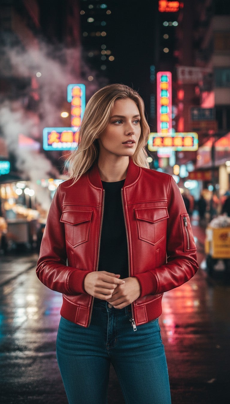 Scarlett Stitch red leather bomber jacket with zippered front, chest pockets, and sleeve pocket. Ribbed cuffs, collar, and hem.