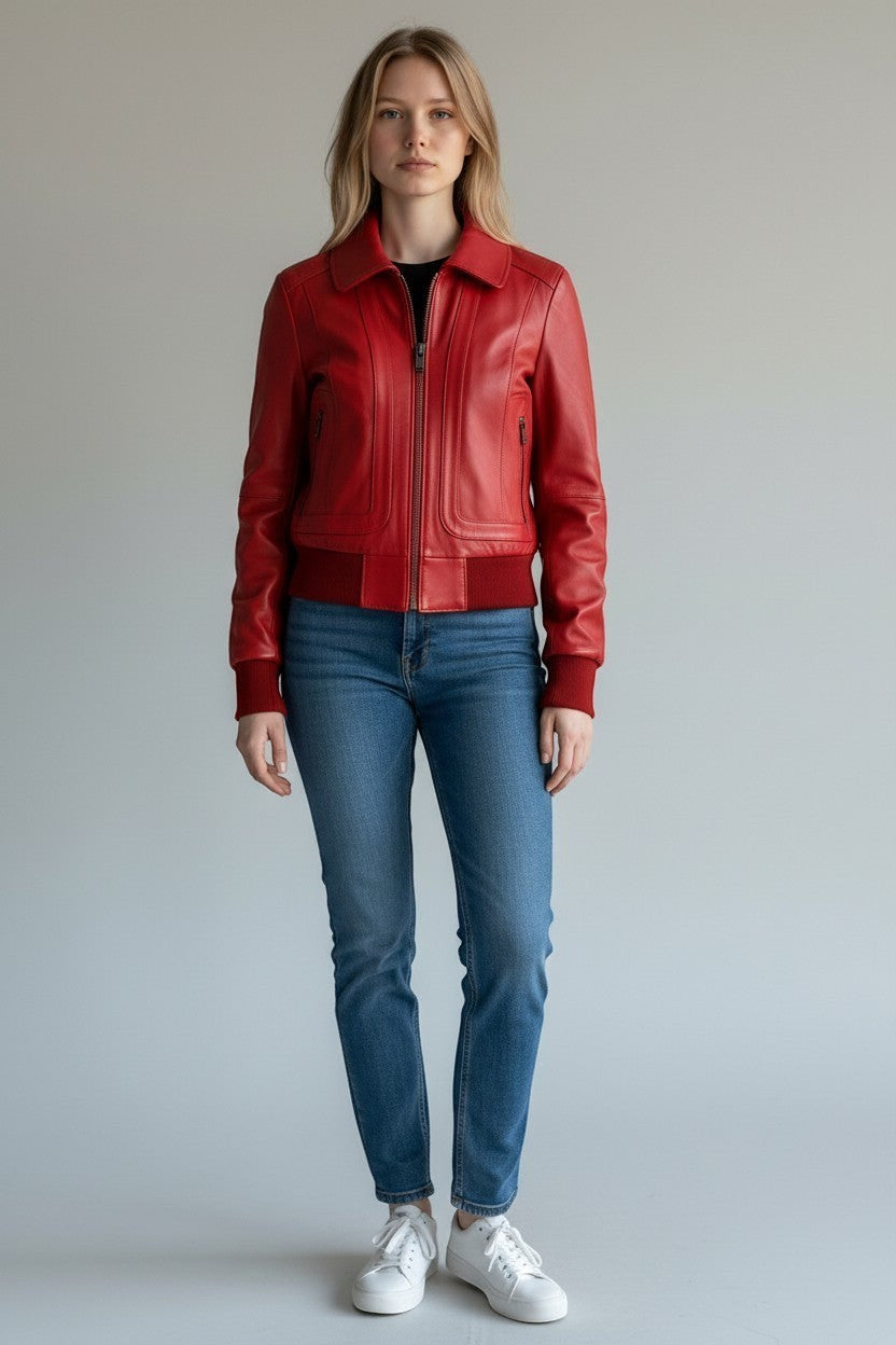 Scarlett Stitch women's red leather bomber jacket with zip front, folded collar, and ribbed cuffs and hem.
