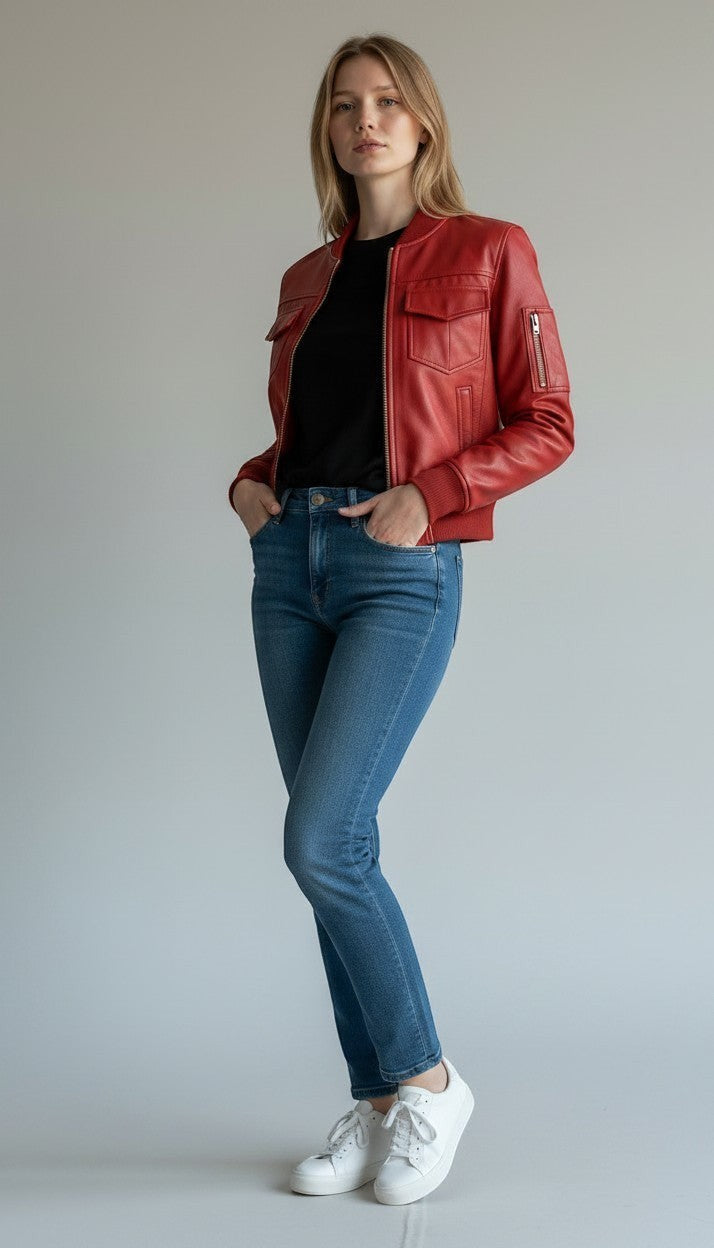 Scarlett Stitch red leather bomber jacket with zippered pockets and ribbed trim, worn by a woman with jeans and sneakers.