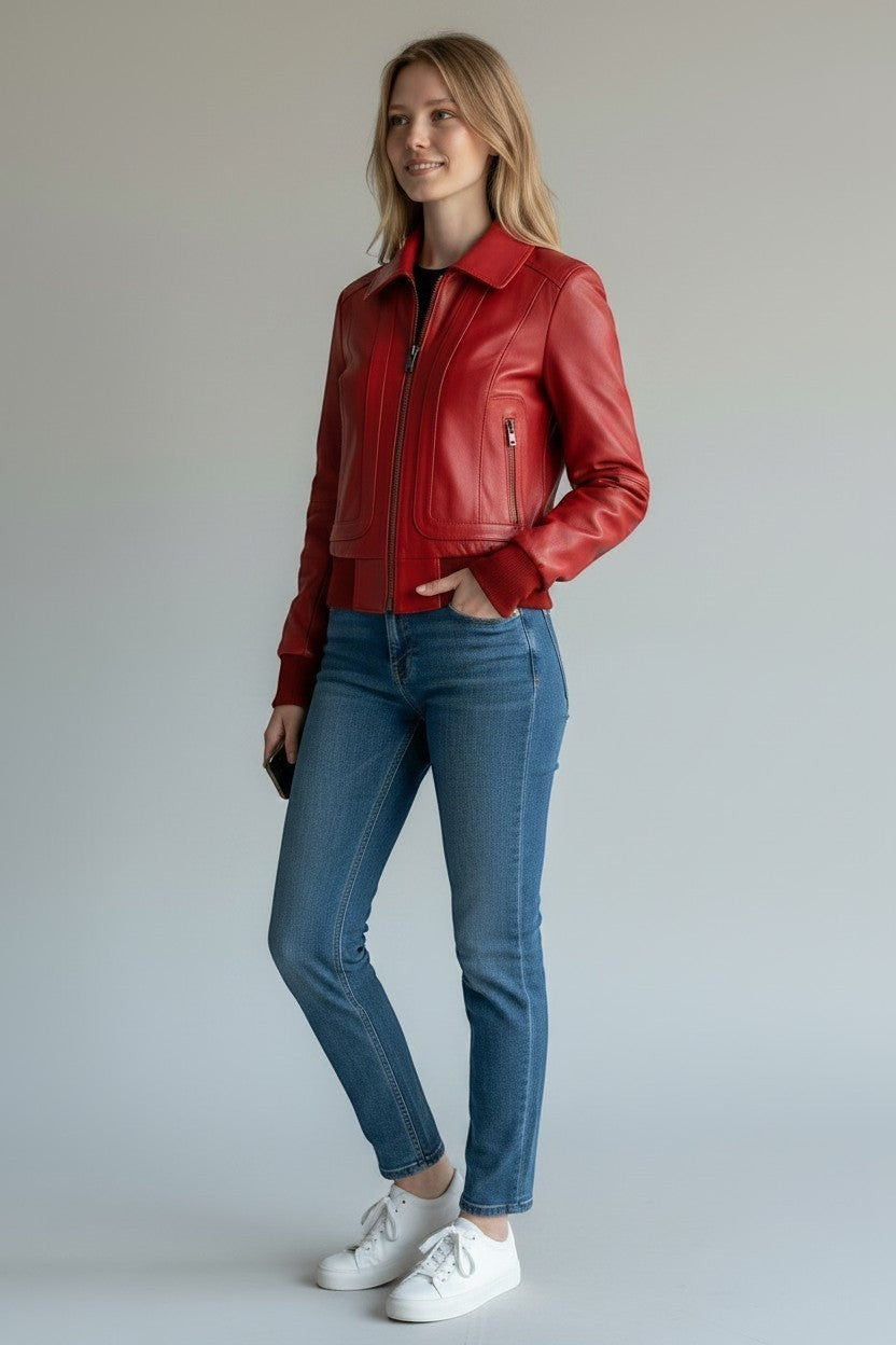 Scarlett Stitch women's red leather bomber jacket with zip-front, folded collar, and ribbed cuffs. Model wears jeans and sneakers.