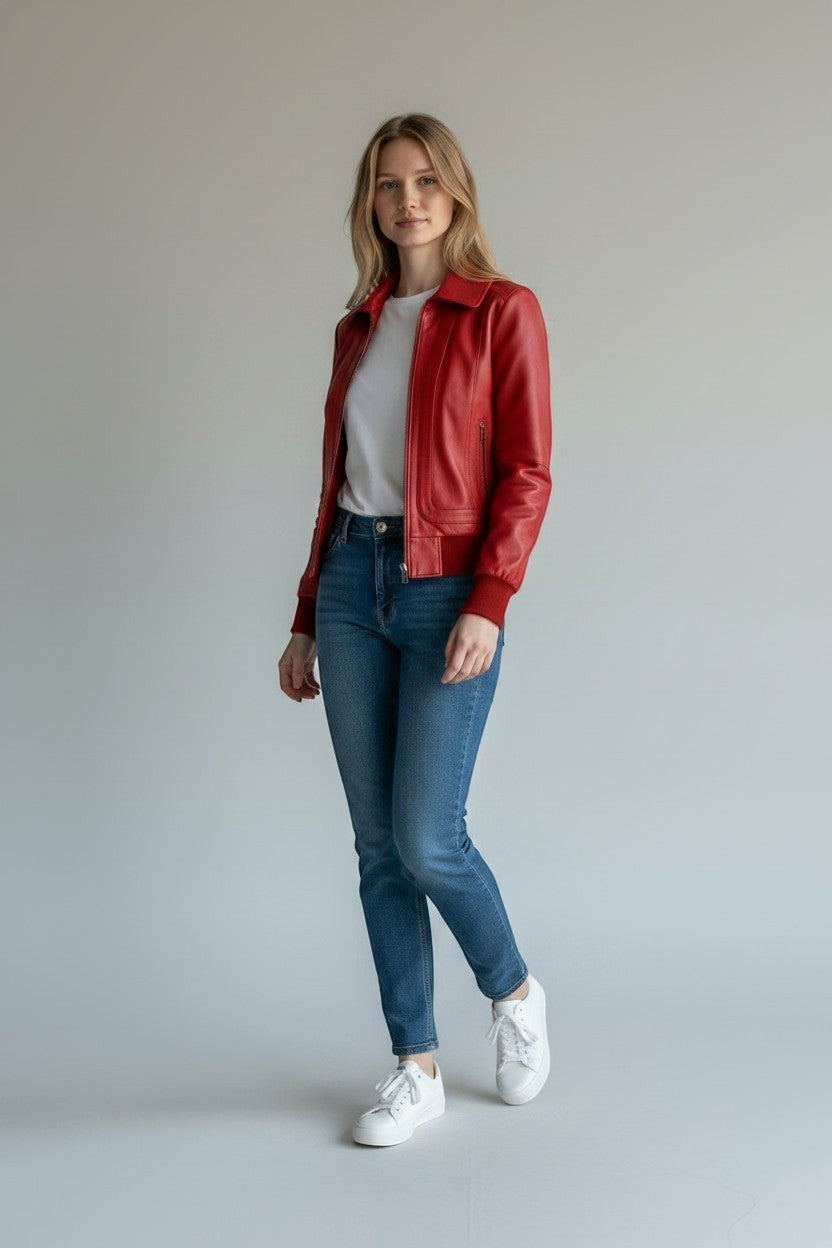 Scarlett Stitch women's red leather bomber jacket with folded collar, zip-front, and ribbed cuffs. Model wears jeans and white sneakers.