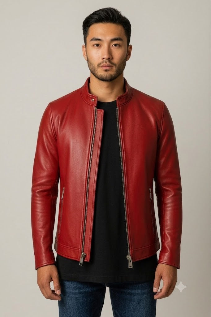 Scarlett Stitch Men's red faux leather motorcycle jacket with stand-up collar and zippered pockets.
