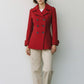 Scarlett Stitch red wool blend double-breasted peacoat with notched lapel and dark buttons.