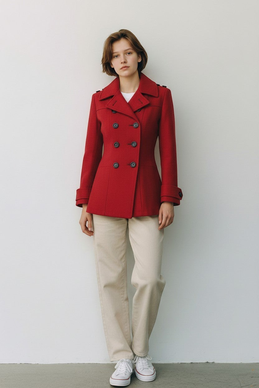 Scarlett Stitch red wool blend double-breasted peacoat with notched lapel and dark buttons.