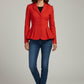 Scarlett Stitch red peplum blazer with button front detail, notched lapel, and fitted waist.
