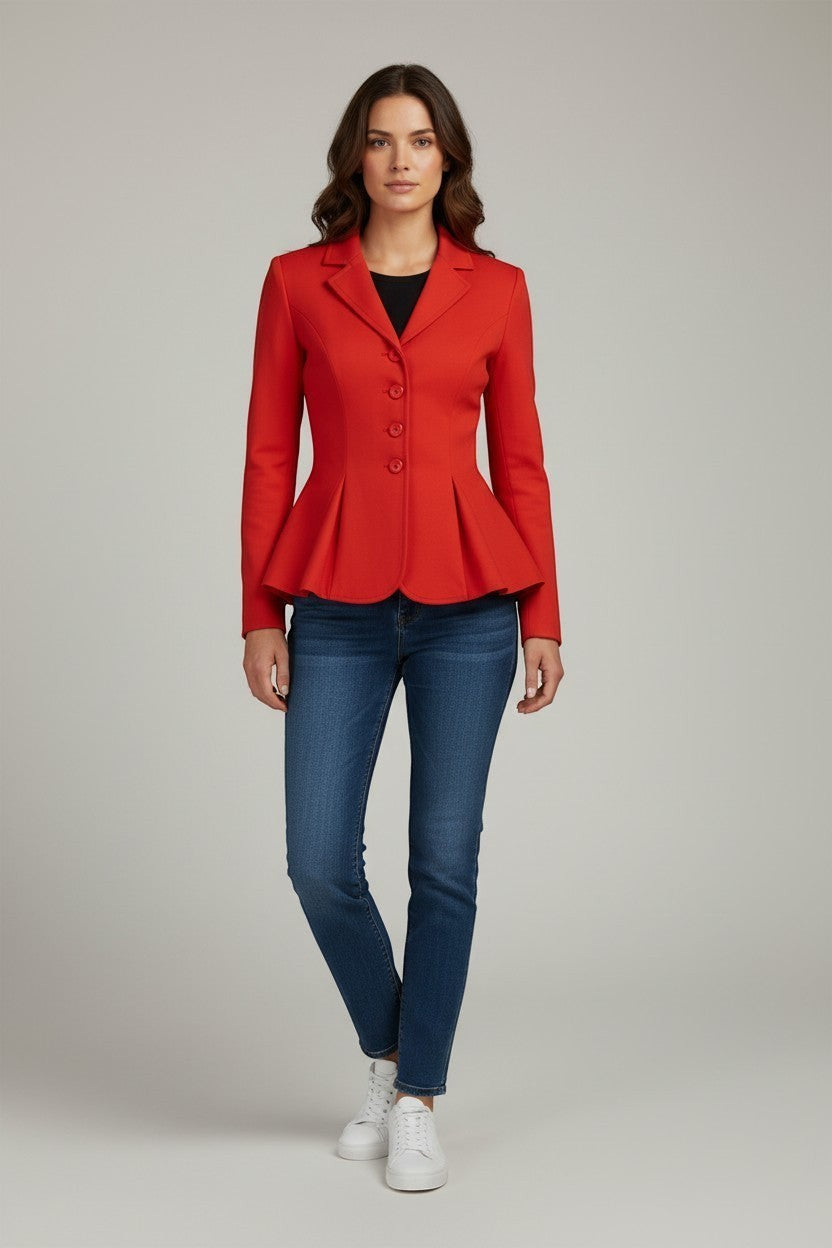 Scarlett Stitch red peplum blazer with button front detail, notched lapel, and fitted waist.