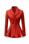 Scarlett Stitch red peplum blazer with button front detail, notched lapel, and fitted waist.