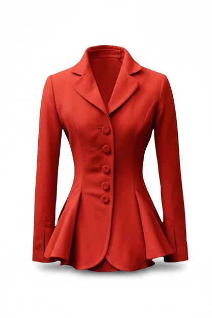 Scarlett Stitch red peplum blazer with button front detail, notched lapel, and fitted waist.