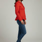Scarlett Stitch red peplum blazer with button front detail, notched lapel, and long sleeves.