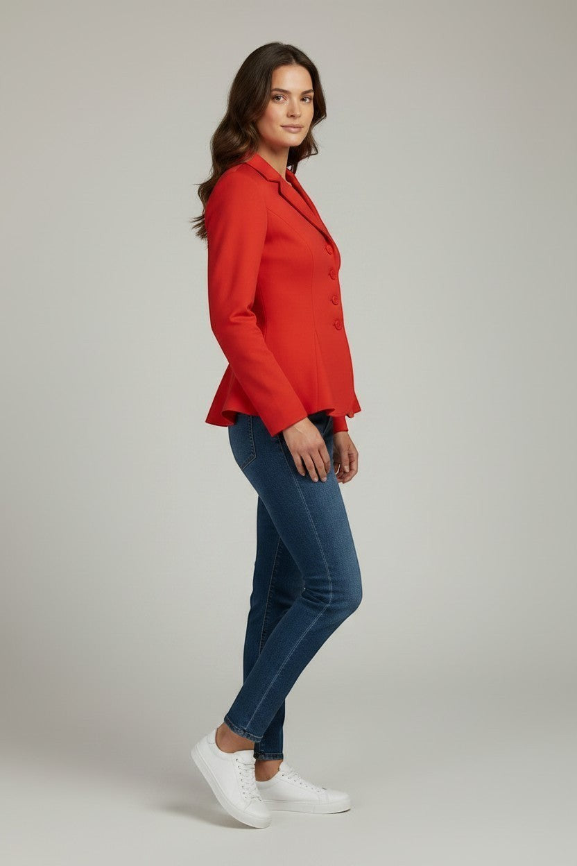 Scarlett Stitch red peplum blazer with button front detail, notched lapel, and long sleeves.