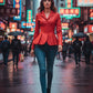 Scarlett Stitch red peplum jacket with button front detail, notched lapel, and fitted waist. Model wears with blue jeans.