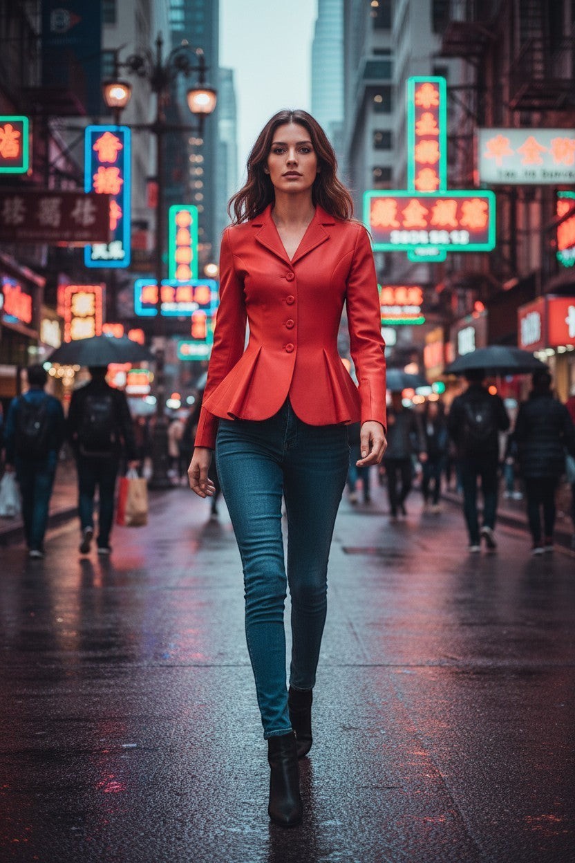 Scarlett Stitch red peplum jacket with button front detail, notched lapel, and fitted waist. Model wears with blue jeans.