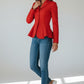 Scarlett Stitch red peplum jacket with button front detail, notched lapel, and fitted waist.