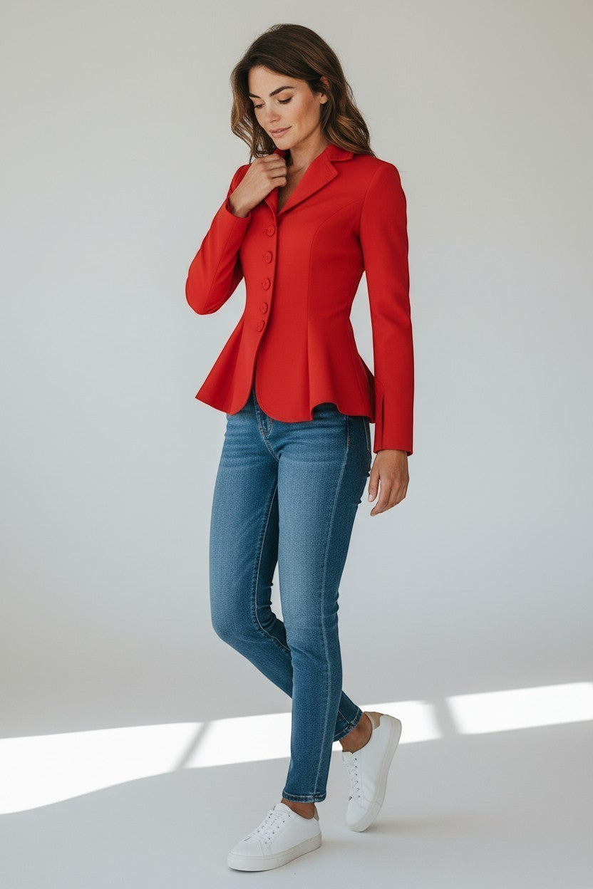 Scarlett Stitch red peplum jacket with button front detail, notched lapel, and fitted waist.