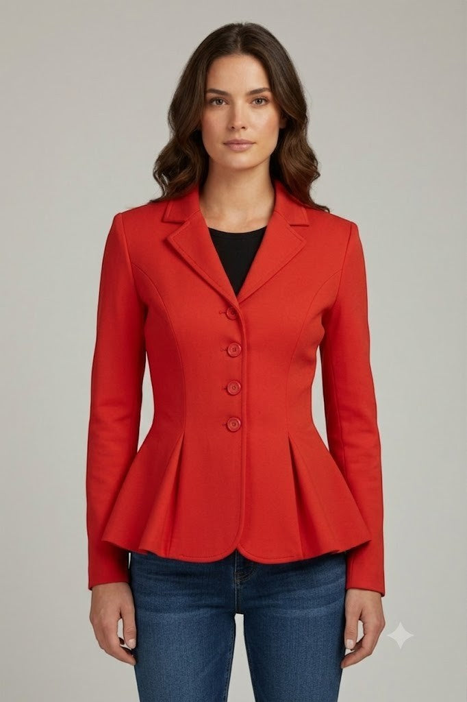 Scarlett Stitch red peplum jacket with button front detail, notched lapel, and fitted waist.