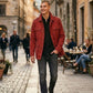 Scarlett Stitch Men's red cotton blend utility jacket with multiple pockets and button-down front.