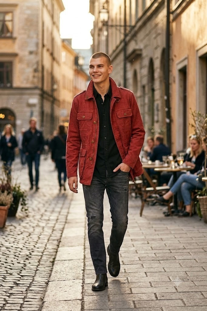 Scarlett Stitch Men's red cotton blend utility jacket with multiple pockets and button-down front.