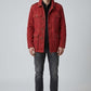 Scarlett Stitch Men's red cotton blend utility jacket with multiple pockets and button-down front.
