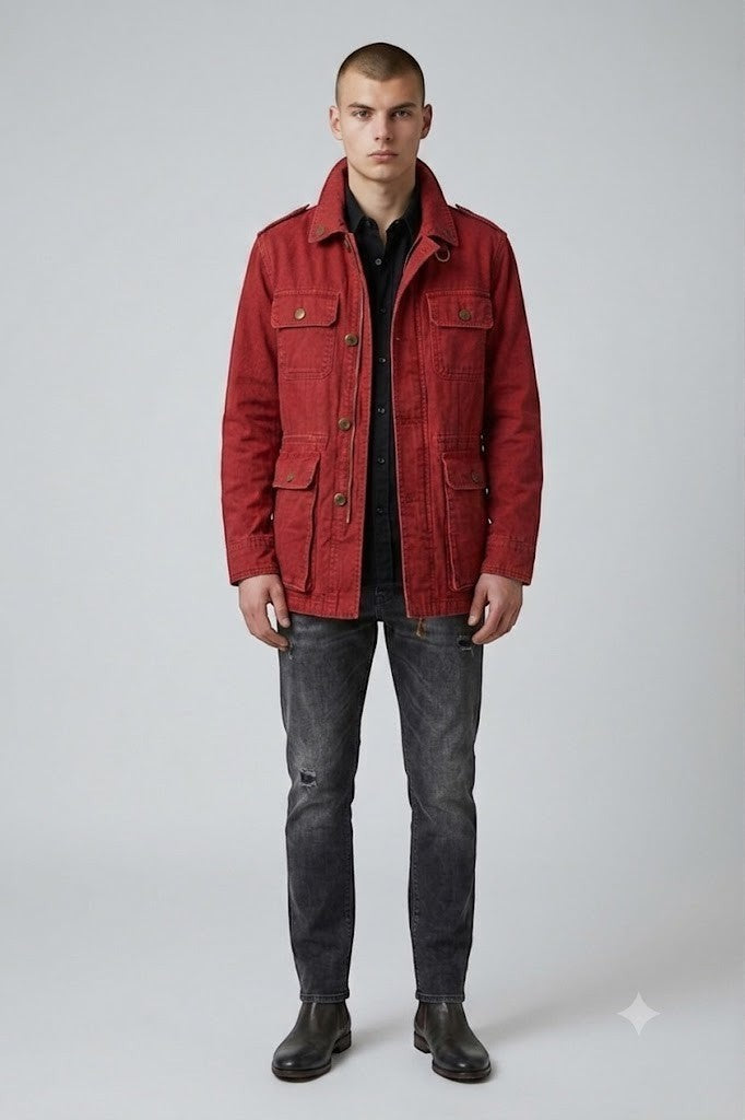 Scarlett Stitch Men's red cotton blend utility jacket with multiple pockets and button-down front.