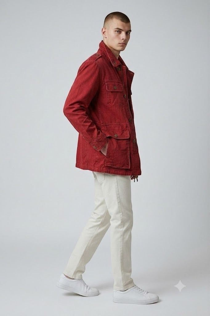 Scarlett Stitch men's red cotton blend utility jacket with multiple pockets and button-down front.