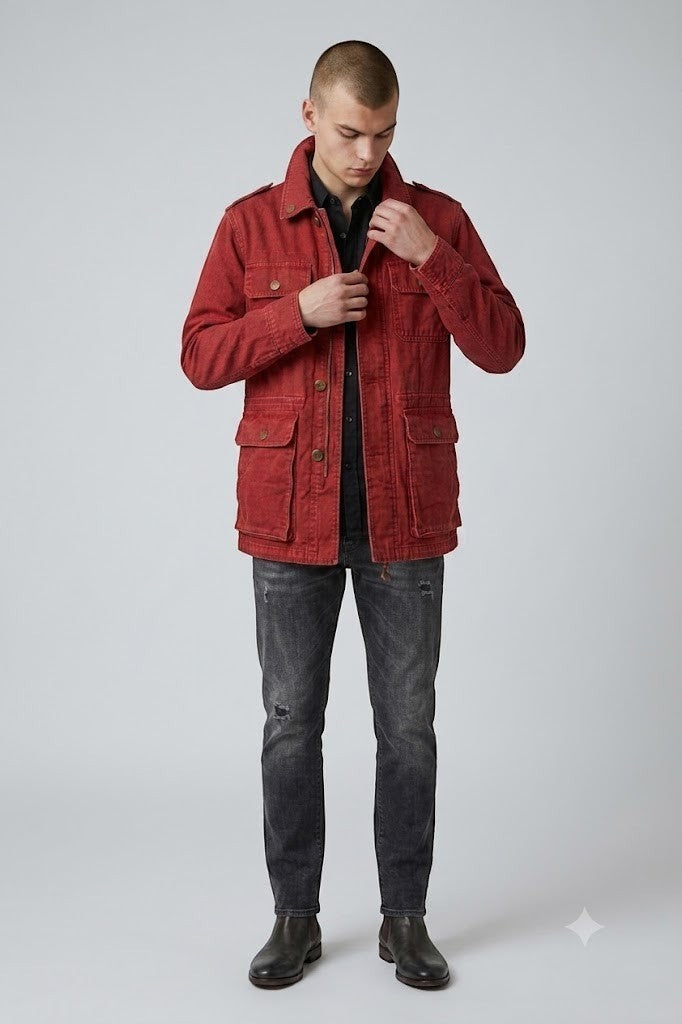 Scarlett Stitch men's red cotton blend utility jacket with multiple pockets and button-down front.