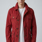 Scarlett Stitch Men's deep red cotton blend utility jacket with multiple pockets and button-down front.