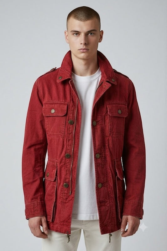Scarlett Stitch Men's deep red cotton blend utility jacket with multiple pockets and button-down front.