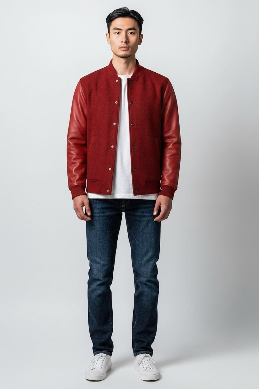 Scarlett Stitch deep red wool-blend varsity bomber jacket with matching red leather sleeves, snap front, and ribbed trim.