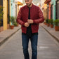 Scarlett Stitch deep red wool-blend varsity bomber jacket with matching red leather sleeves, snap-button front, and ribbed trim.